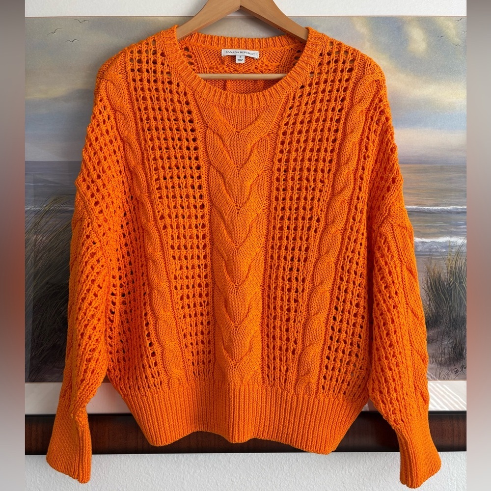 Banana Republic Orange Cotton Cable-Knit Mesh Dolman Sweater Small